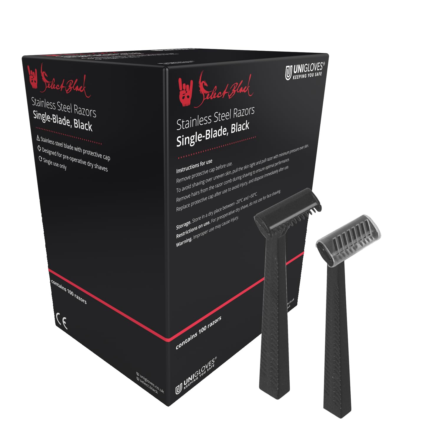 UNIGLOVES Disposable single blade black razor case of 10 packs (100 units per pack)