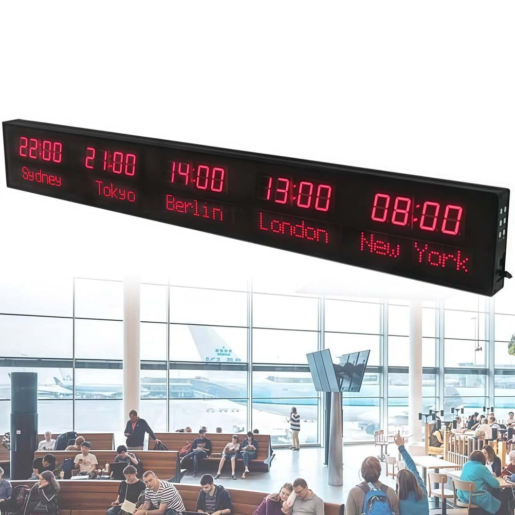 Reloj de pared con zona horaria para 5 ciudades, brillo ajustable, carcasa de aluminio, ideal para el hogar, oficina, hoteles, aeropuertos