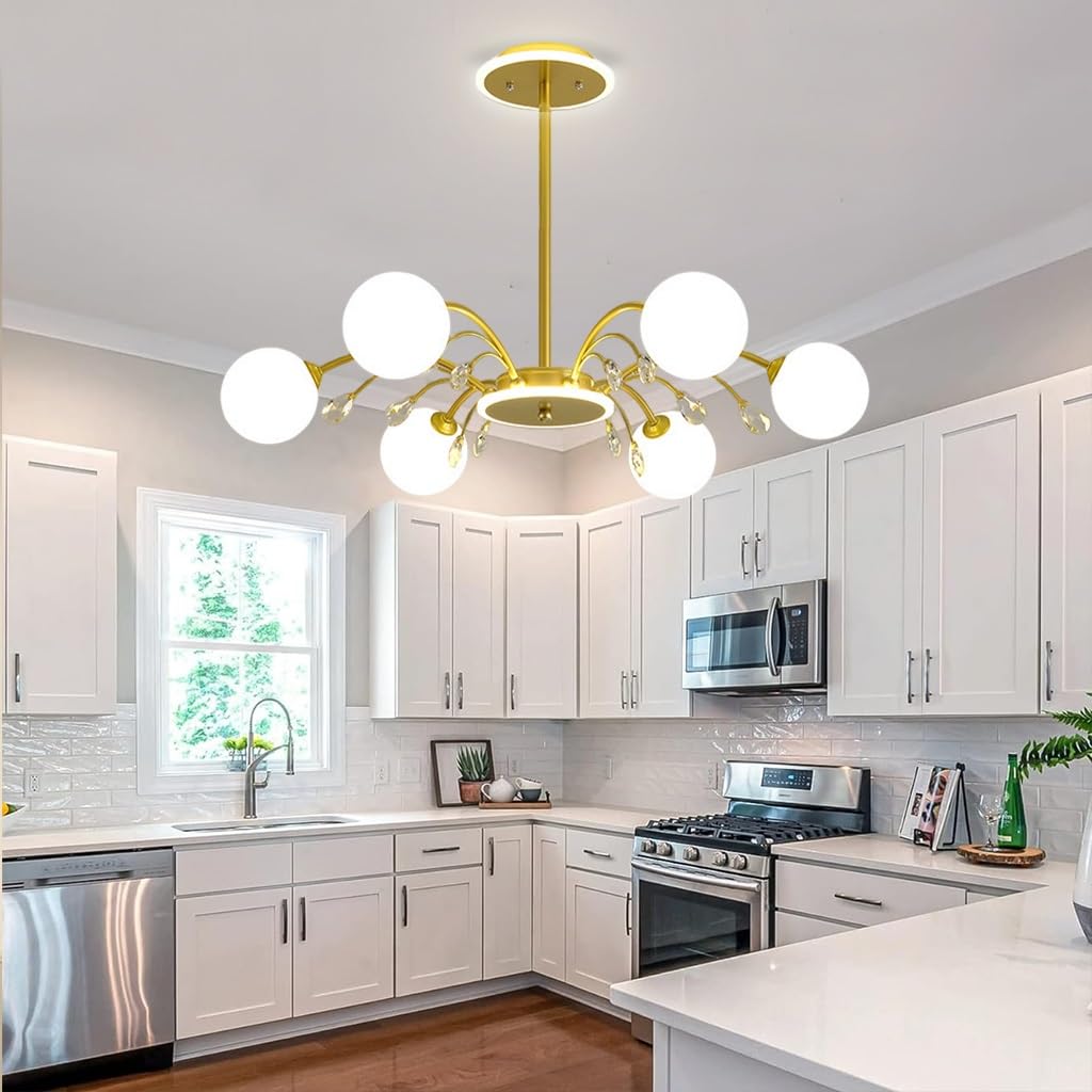 LYSDjia Sputnik Chandelier Gold Modern Chandeliers Mid Century Ceiling Lighting Fixture Crystal decoration Pendant Light with Milk White Glass Shade for Living Room Kitchen Bedroom Dining Room and Far