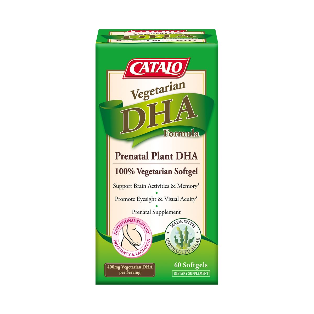 CATALO Vegetarian DHA Omega-3 Supplement Formula Softgels - Plant-Based DHA Supplements from Micro-Algae, Ideal for Pregnant Women, Lactating Women, and Vegetarians - 60 Softgels per Bottle
