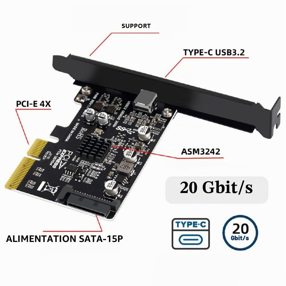 Xiwai Adaptateur USB 3.2 Gen2 Type-C USB-C vers PCI-E 4X Express pour carte mère de bureau 20 Gbit/s