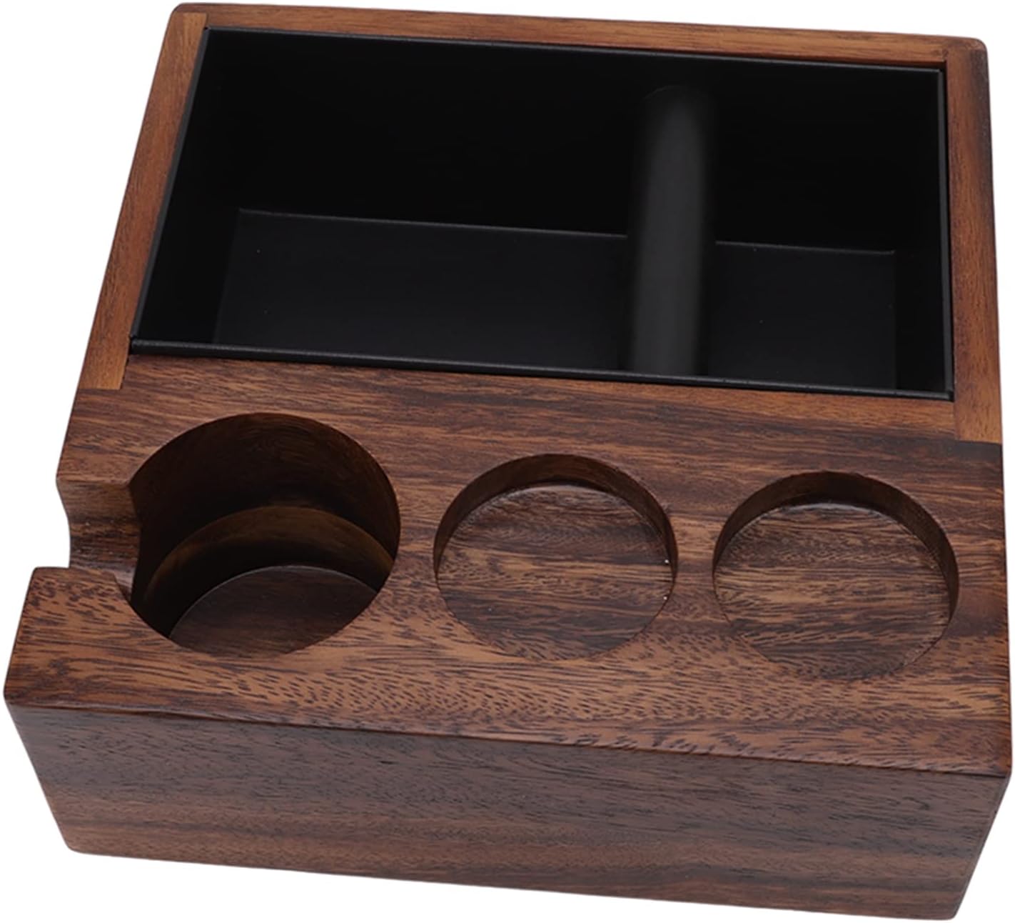 Wooden Coffee Tamper Holder, Walnut Birch Stainless Steel Coffee Grounds Box, Nonslip Quiet Design, Coffee Maker Accessory for Home Kitchen Cafe