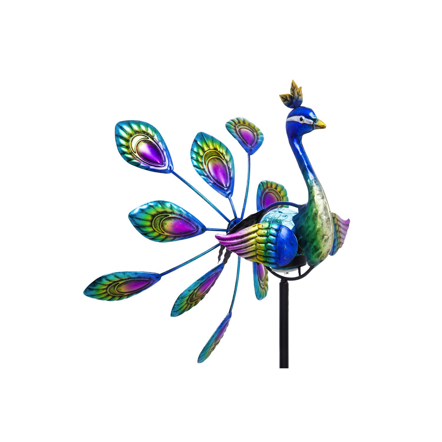 Evergreen Garden Beautiful Solar Peacock Wind Spinner Garden Stake - 13 x 10 x 37 Inches Fade and Weather Resistant Outdoor Decoration for Homes, Yards and Gardens
