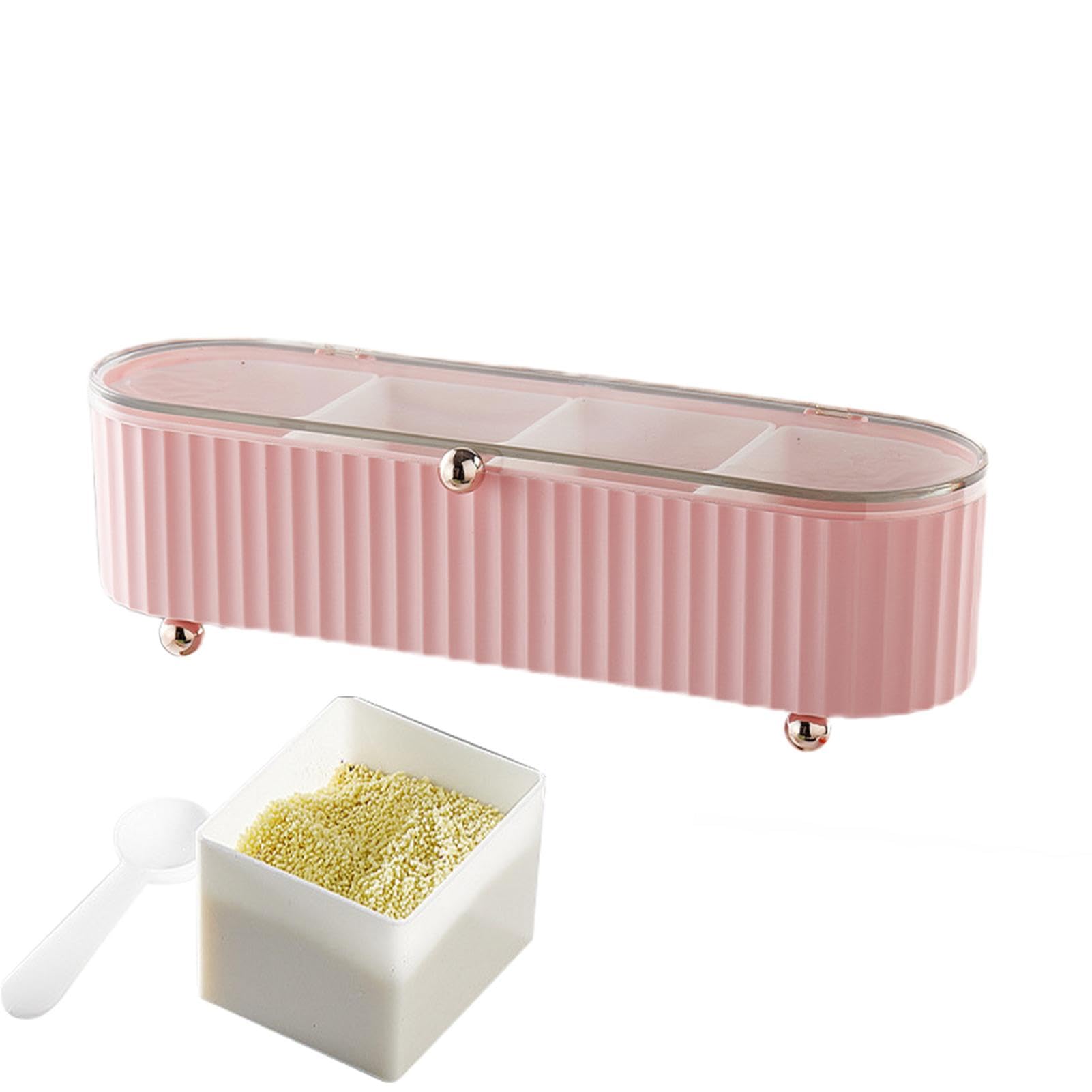 Scatola trasparente per condimenti, 4 vasetti per spezie con coperchio e 4 cucchiai, 1 vassoio per condimenti per sale, zucchero, pimento, cardamone, cannella, chiodi di garofano, senape, noce