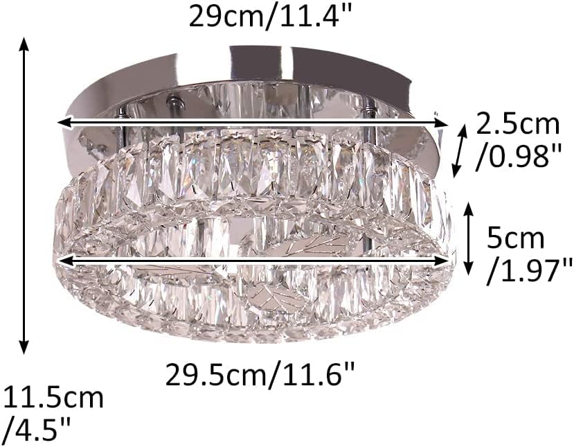 Finktonglan Crystal Flush Mount LED Ceiling Light, 11.6" Round Modern Flush Mount Ceiling Light, 30W 6500K Cool White, K9 Crystal & Stainless Steel, Non-Dimmable
