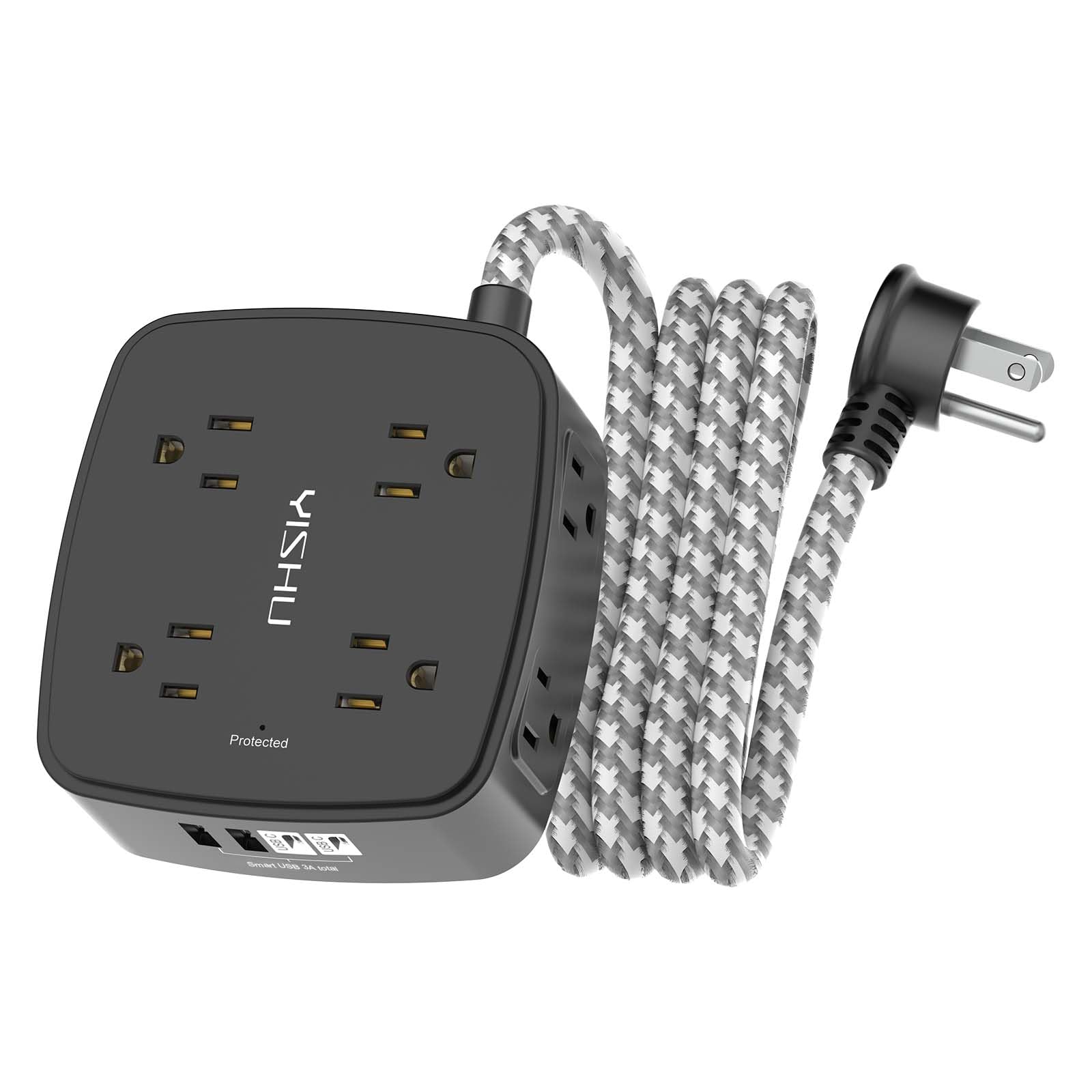 Surge Protector Power Strip - YISHU 8 Outlets with 4 USB (2 USB C) Charging Ports, 6Ft Braided Extension Cord, Flat Plug Multi Plug Outlet Extender Charging Station for Home Office, ETL, Black