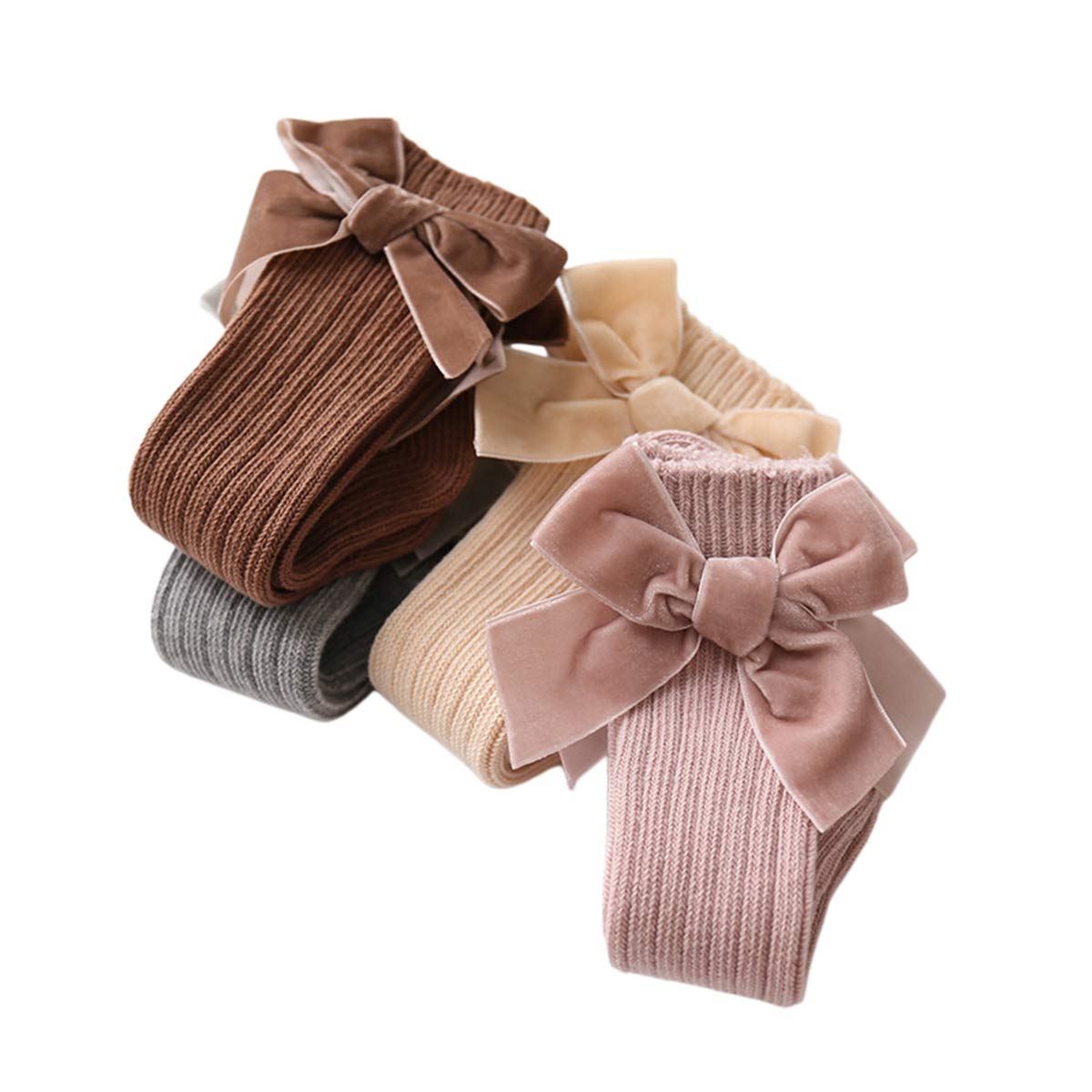 Confezione da 4 calze alte al ginocchio per neonate e bambine con fiocco in maglia di cotone con volant