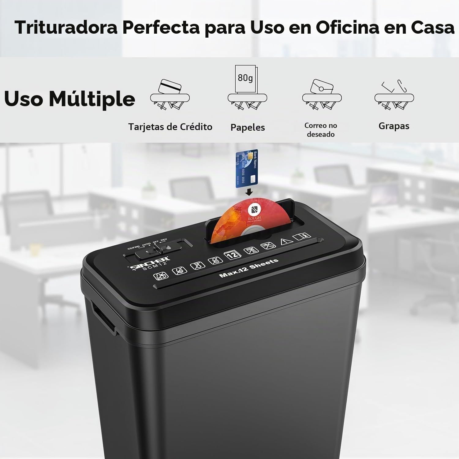 Destructor de Documentos, Corte en Tiras de 12 Hojas, Destructor de CD/Tarjetas de crédito, con protección contra sobrecalentamiento, Papelera de 14 l para Oficina en casa