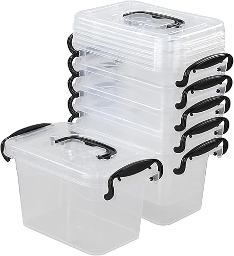 Juego de 6 cajas de almacenamiento de plástico, contenedor pequeño con tapa, transparente, 1,5 L