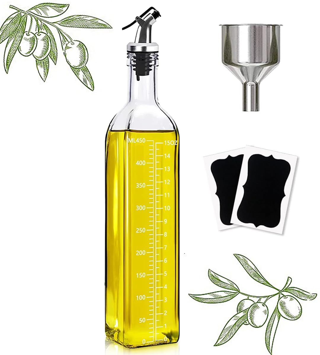 MilukonOlive Oil Dispenser, Vinegar and Olive Oil Bottle Dispenser 500 ml/17 oz, Oil Bottles for Kitchen with Labels and Funnel, Home Square Tall Glass Oil Container As Gift