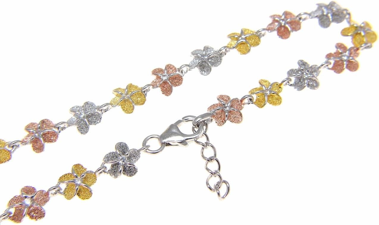 Arthur's Jewelry 925 sterling silver yellow rose gold tricolor plated Hawaiian plumeria flower bracelet 6mm 7"