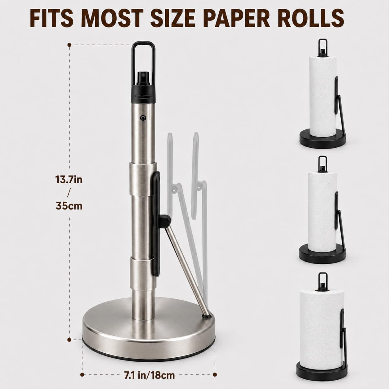Paper Towel Holder with Spray Pump, All-in-One Countertop Paper Towel Stand with Refillable Bottle, One-Handed Tear Kitchen Roll Holder, Weighted Base, Brushed Stainless Steel(Chrome) image 3