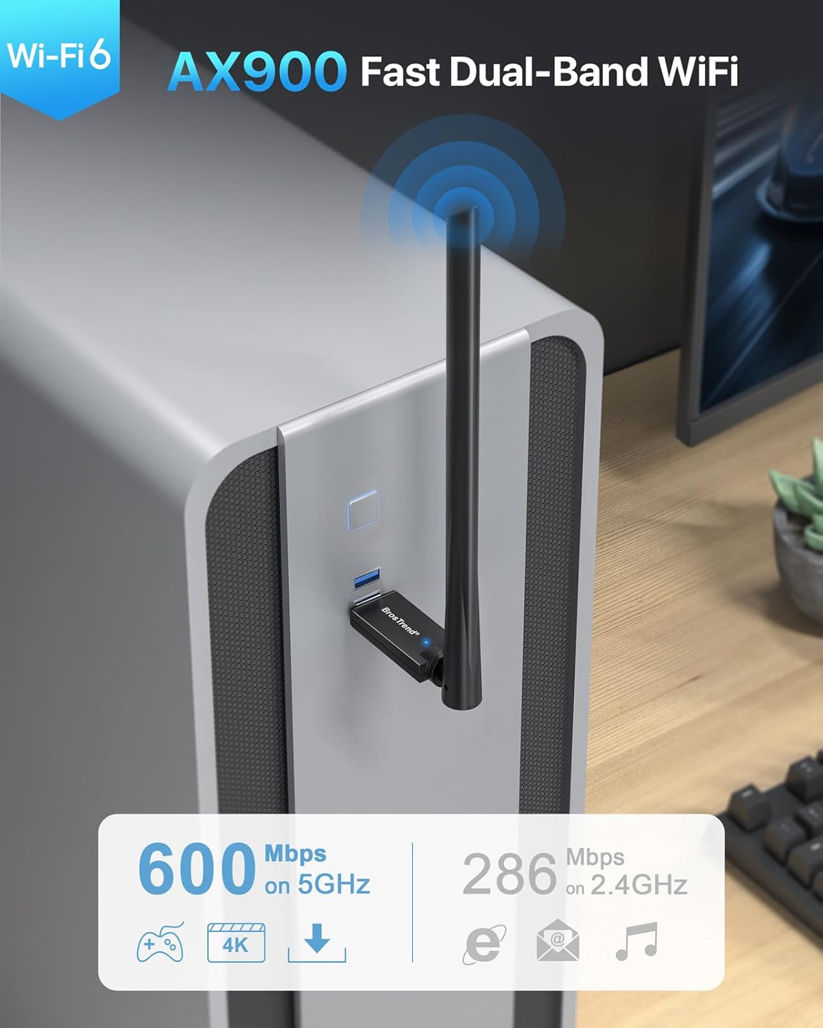 BrosTrend Long Range USB WiFi Adapter for PC, AX900 USB WiFi 6 Adapter Dual Band 5GHz 600Mbps + 2.4GHz 286Mbps, High Gain Wireless Wi-Fi Dongle w/ 6dBi Antenna for Windows 11/10/7, Easy Setup, USB2.0 - Image 2