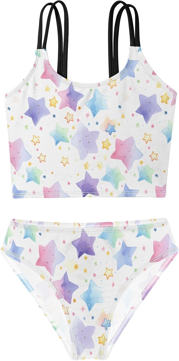 visesunny Girls Two Piece Swimsuits Cartoon Watercolor Star Girl's Bikini Sets Bathing Suits for Girls Size 5-12Y