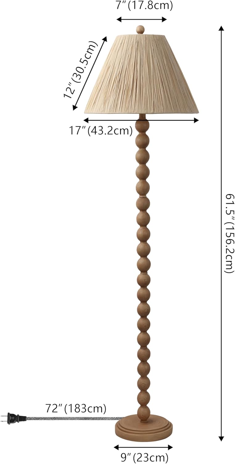 JONATHAN Y 61.5" Brown Wood Finish Bobbin LED Floor Lamp, Modern Rustic Spindle Standing Lamp with Light Brown Pleated Paper Shade, Farmhouse Decor, LED Bulb Included JYL5400A