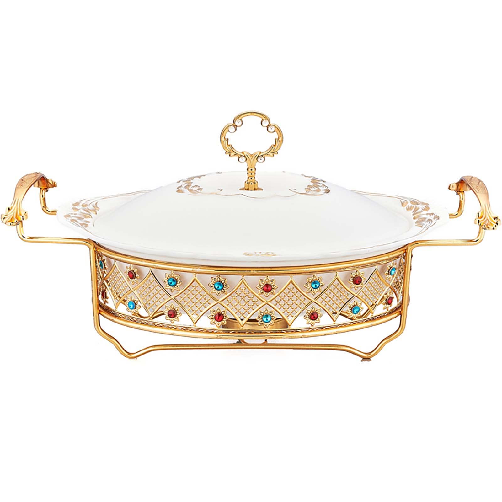 SDdPulse Scaldavivande ovali in ceramica da 1 litro e scaldavivande per buffet, padella, supporto per carburante con strass e coperchio in ceramica per buffet, matrimoni, feste, Natale, multicolore