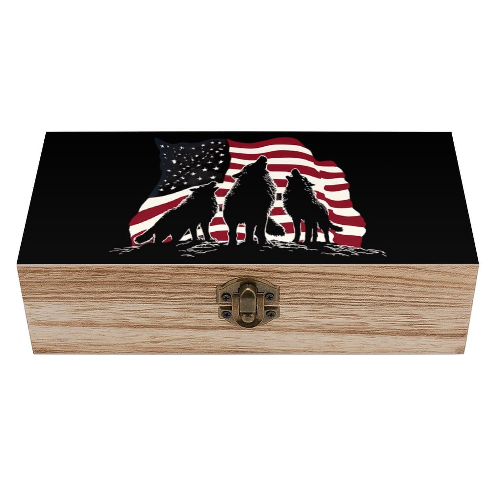 Wolf Flag Wooden Box with Hinged Lid Decorative Storage Case Container