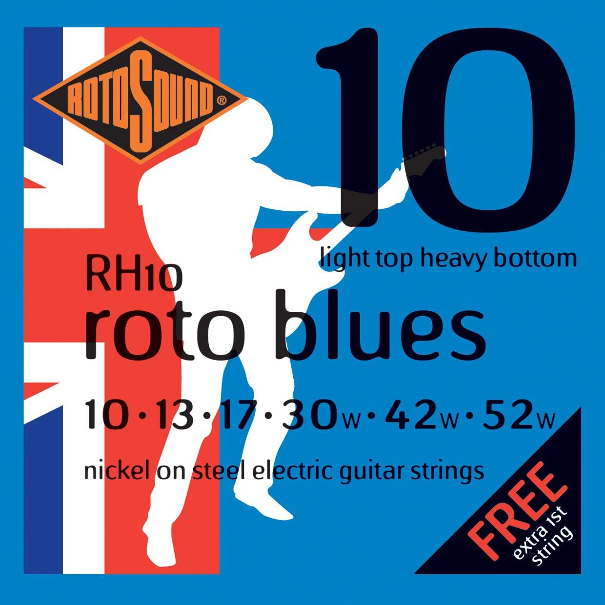 RH10 Nickel Light Top/Heavy Bottom Gauge Electric Guitar Strings (10 13 17 30 42 52), White Black Red Blue