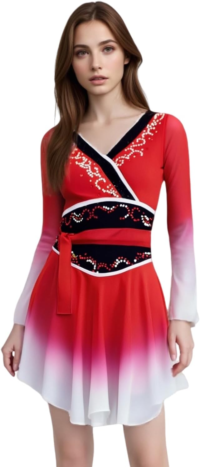 LIUHUO Figure Skating Competition Mulan Skating Dress High Stretch Long Sleeve Big Red