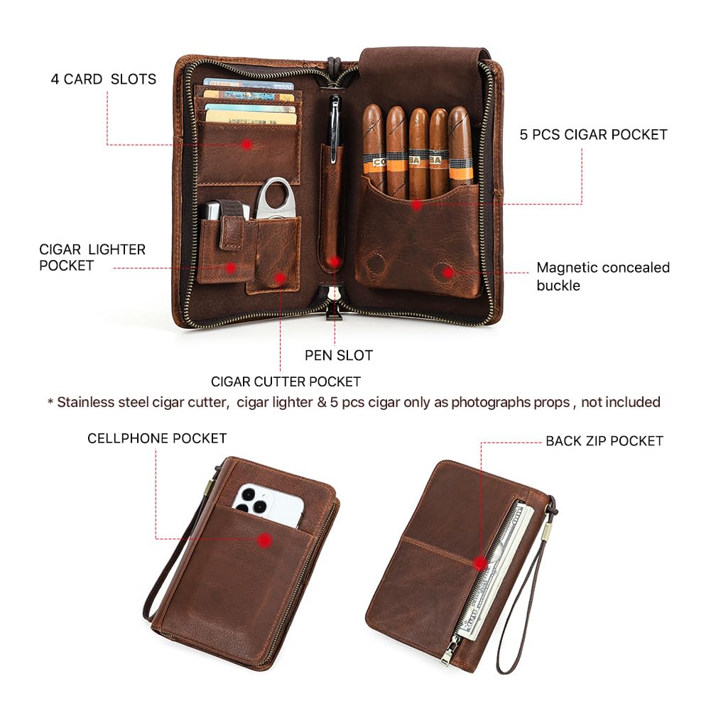 Hiram Custodia da viaggio per sigari, in vera pelle, per 5 sigari, portatile, con tasca per accendino, multifunzione, con scomparto per carte, tasca per cellulare (marrone)