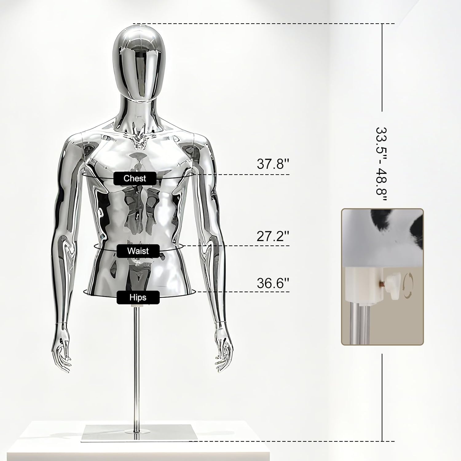 Male Mannequin Torso Dress Form - Height Adjustable Half Body Mannequins Detachable Arms Mannequin with Stand for Retail Clothing Shops (33-49 Inch, Silver)