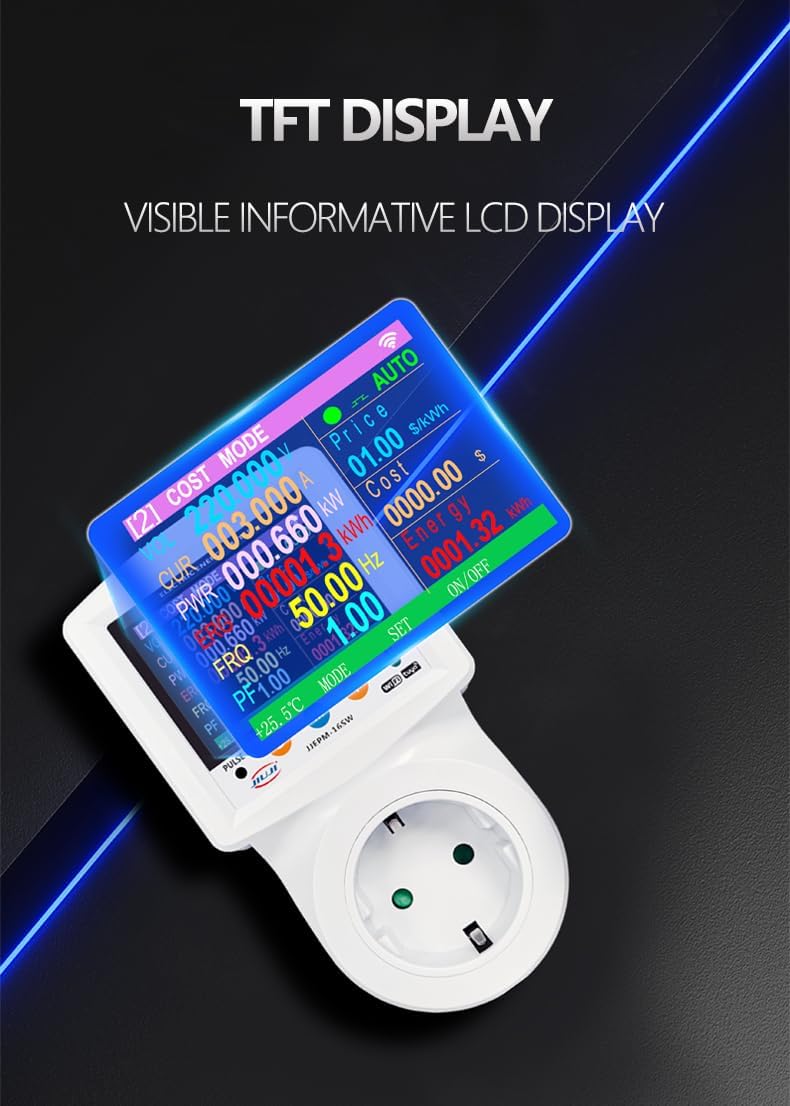 WIFI Smart Socket 265V AC Power Meter,over-voltage and under-voltage protector, overcurrent protection socket,Backlit Large Color Display, Electrical Energy Monitor (EU Type 220V), White