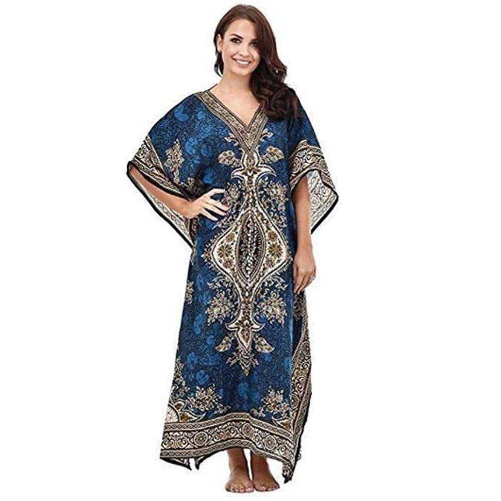 Sharvgun Women's Teal Blue Kaftan For Night Dress Kimono Caftan Beach Maxi Boho Long Top Tunic Cover Up Printed Casual
