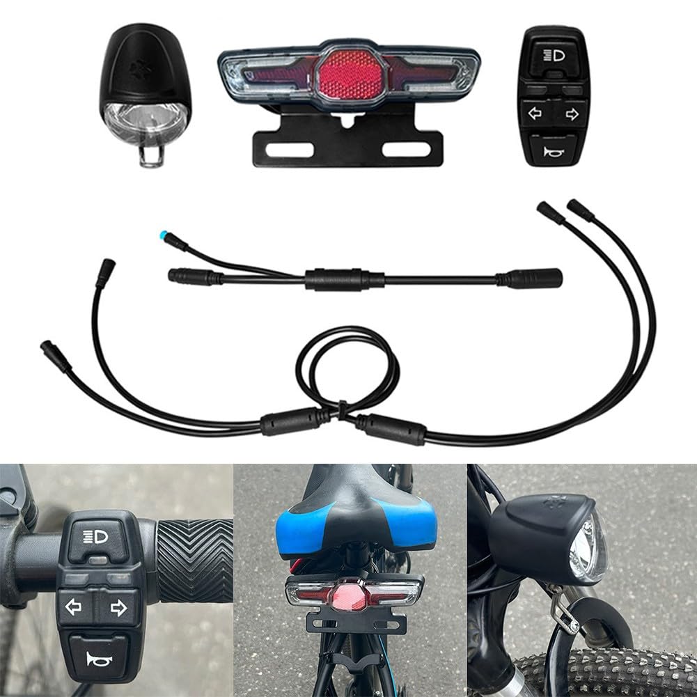 Kit éclairage Vélo électrique 36V/48V - Phare 12W, Feu Arrière LED, Klaxon 90-120 DB - Longueur Câble 150 Cm