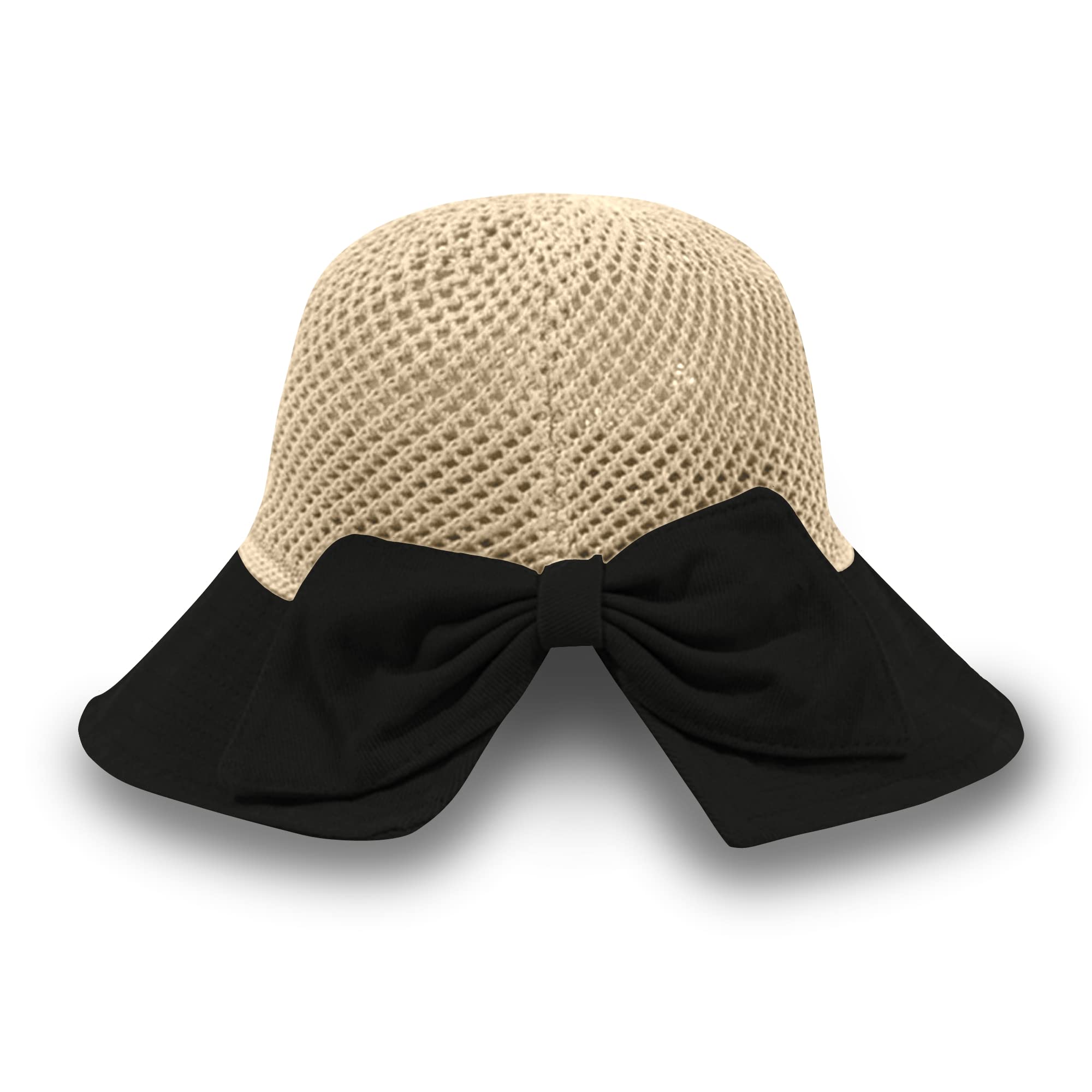 Straw Sun Summer Hat for Women, Female Wide Brim UPF 50+ UV Protection Bowknot Cap, Stylish Braid Visor, Ladies Foldable Roll Up Packable Floppy Beach Hat with Windproof Chin Strap, Black/Beige