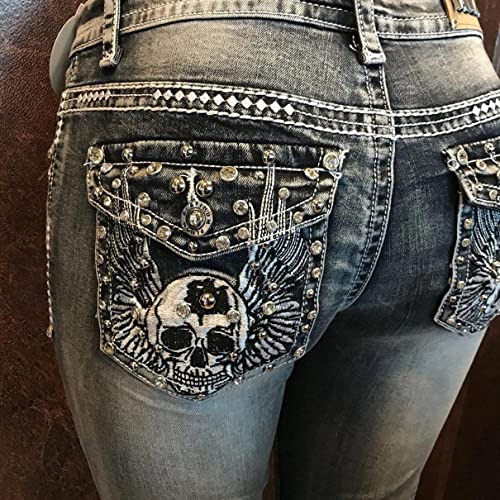 Women's Vintage Distressed Bootcut Jeans Stretch Slim Embroidered Cowgirl Pants with Rhinestone Pockets3