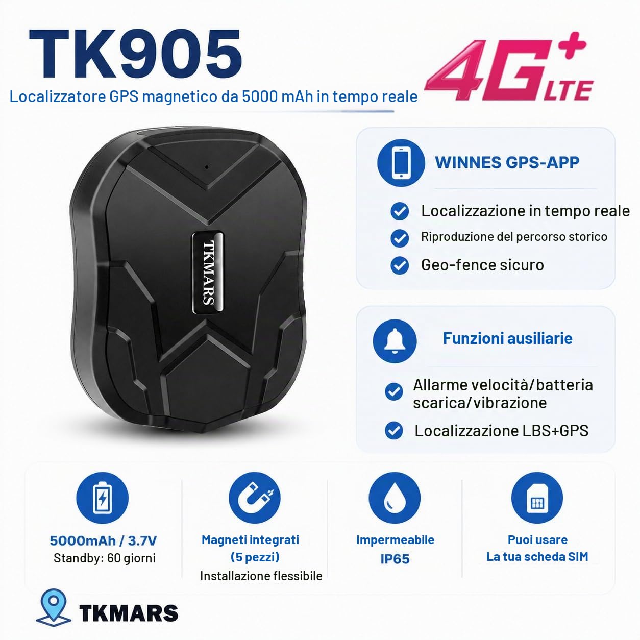 TKMARS TK905 4G localizzatore GPS per Auto 5000mAh GPS Tracker Senza Abbonamento,Antifurto Auto con Magnetico,Funziona Tramite SMS/Applicazione/Piattaforma di Rete,Modalità di Allarme Multiple
