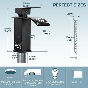 Peppermint Basin Taps Mixers Waterfall Matte Black with Slotted Pop-up Waste Bathroom Sink Mixer Tap Square Monobloc 1 Hole with G1/2'' Hoses Modern Cloakroom Taps Mono Lead-Free Stainless Steel