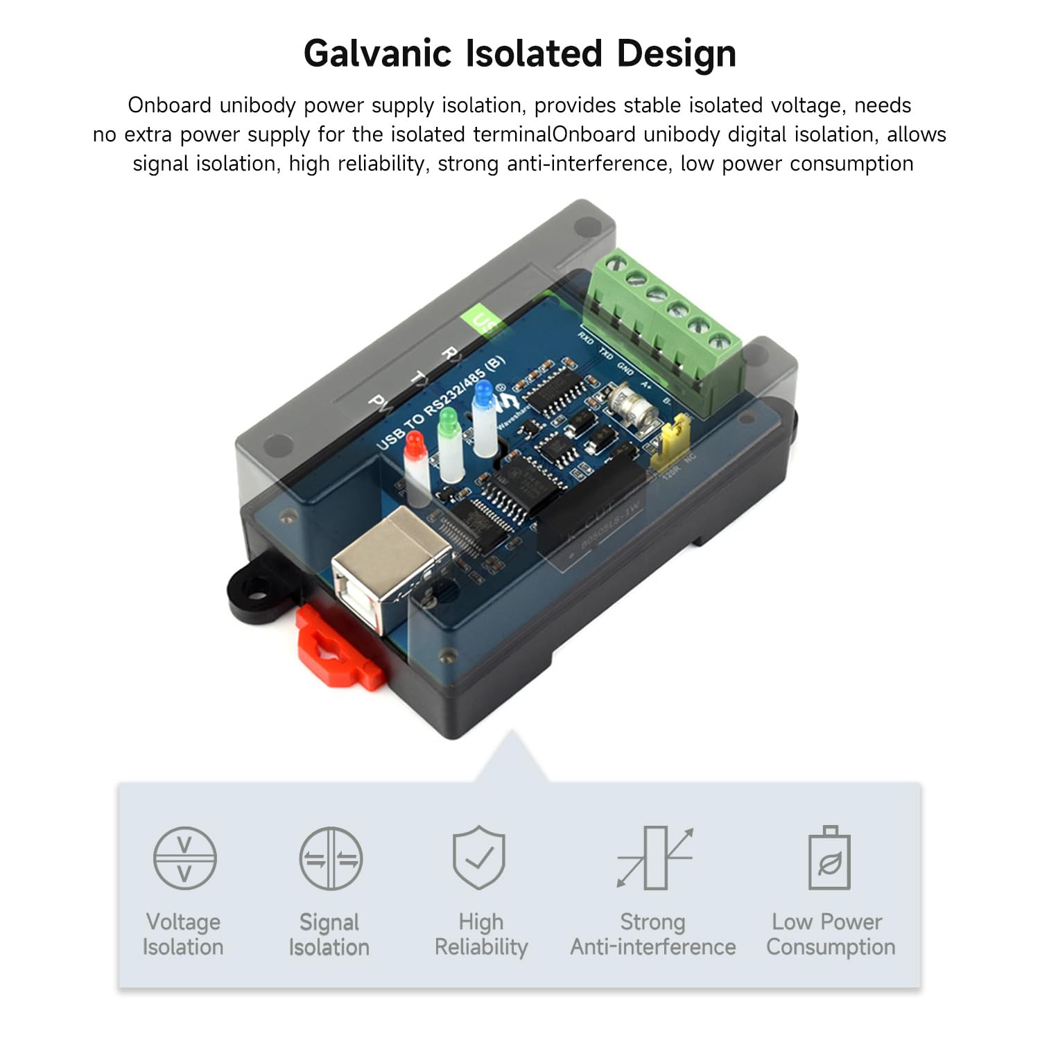 Waveshare USB To RS232/485 Industrial Grade Isolated Converter, Onboard Original FT232RNL Chip, Multiple Protection, Wall-Mount And Rail-Mount Support