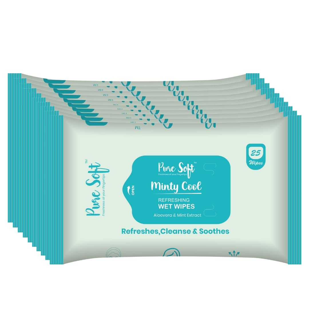 Pure Soft Minty Cool Refreshing Wet Wipes 25N Each - Pack of 10 | Wet Wipes for Face with Aloe Vera Extract & Peppermint Oil | Makeup Remover Wipes | Hydrating, Refreshing, Soothing | Paraben & Alcohol Free-image-16