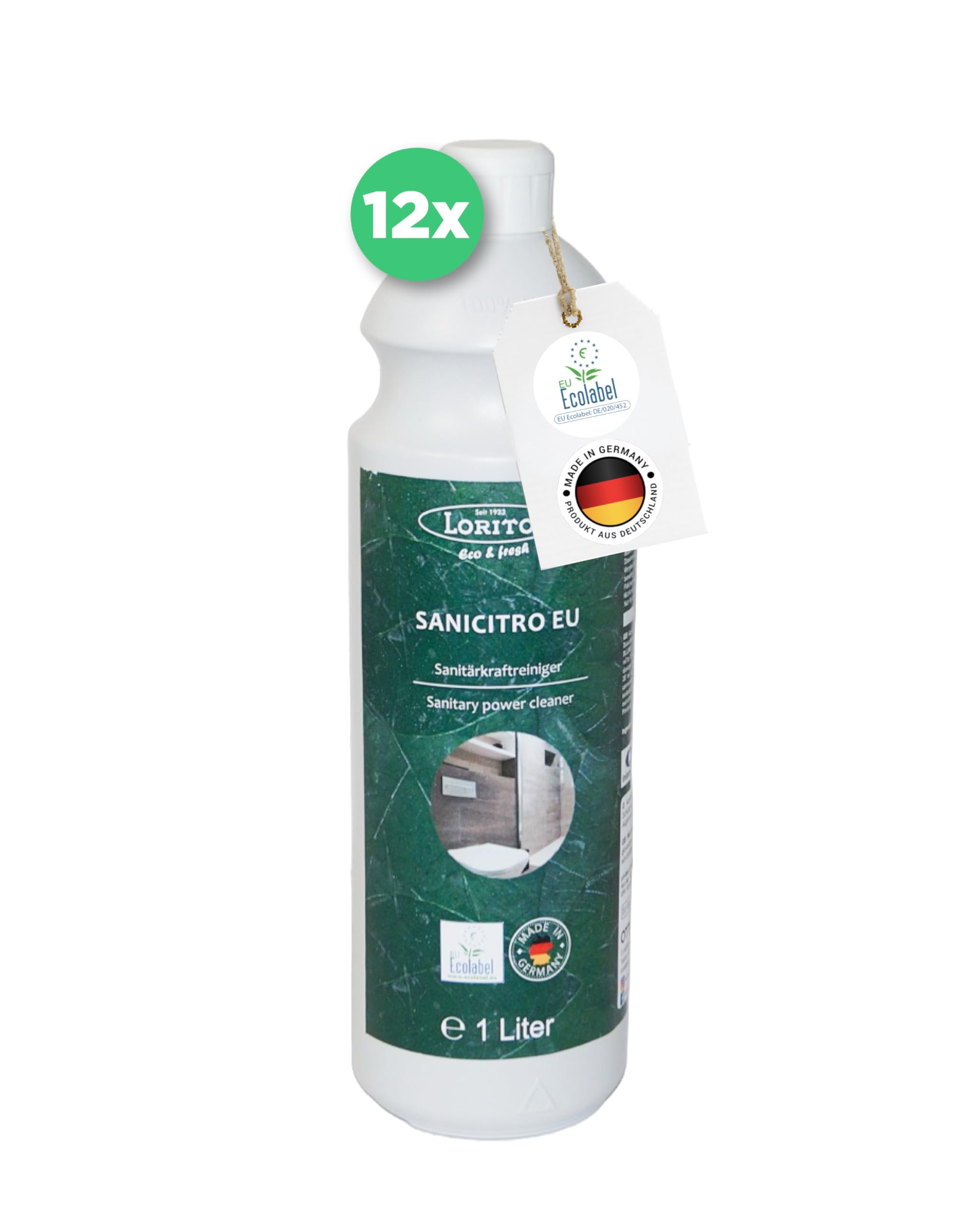 Lorito Sanicitro 12 x Sanitärreiniger Konzentrat 1L, Kalkreiniger | Öko-Reiniger zertifiziert mit EU-Ecolabel, Badreiniger gegen Kalk, Urinstein und hartnäckigen Schmutz, Made in Germany