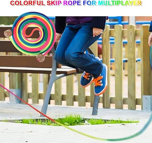 Miniatura 6 de Cuerda de saltar larga para niños, cuerda de saltar ajustable de 16 pies, cuerda de salto multijugador arcoíris con mango de bola de madera para la