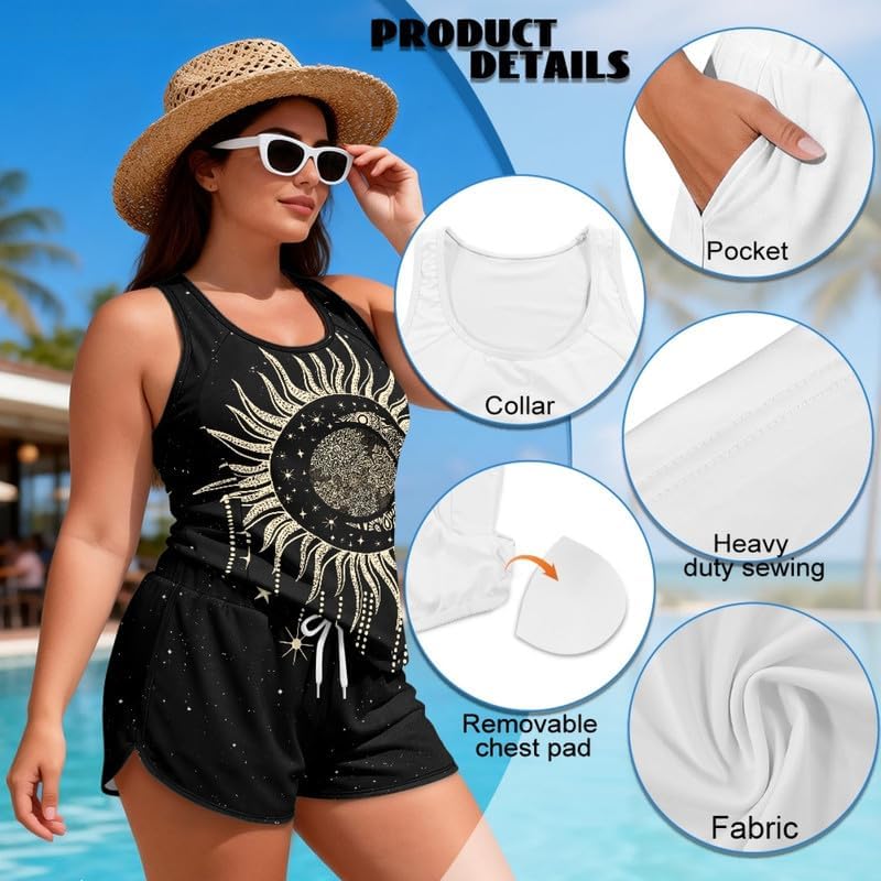 Irisjudy Two Piece Tankini Swimsuits for Women Gothic Tummy Control Modest Bathing Suits with Sporty Pockets Swim Shorts