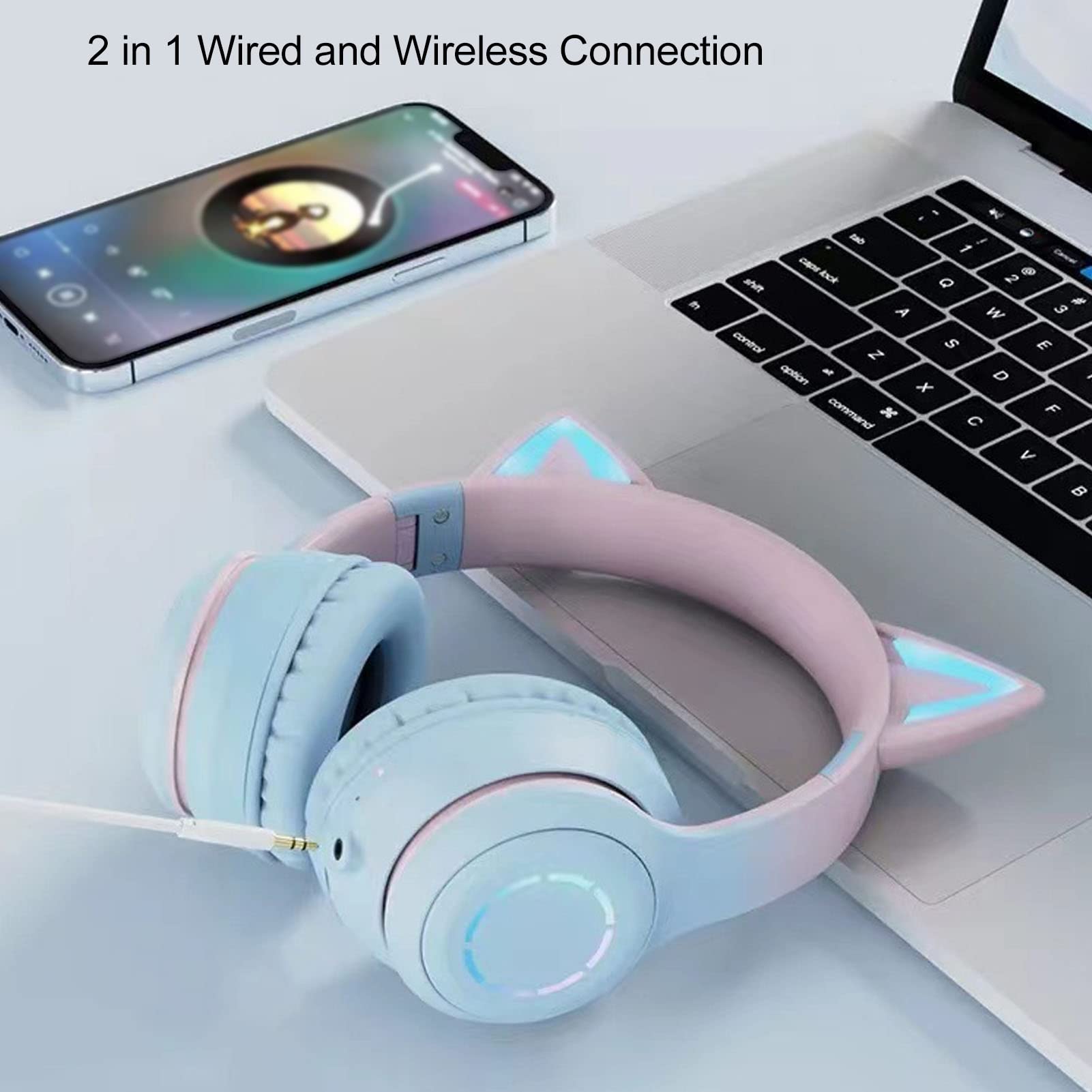 Auriculares Plegables Inalámbricos con Orejas de Gato Bluetooth para Juegos con Luz LED (Azul)