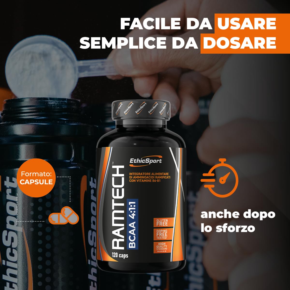 EthicSport Ramtech BCAA 4:1:1 – Aminoacidi ramificati con vitamine B1 e B6 – Supporto nutrizionale per sport intensi – 120 capsule – Doping free tested*