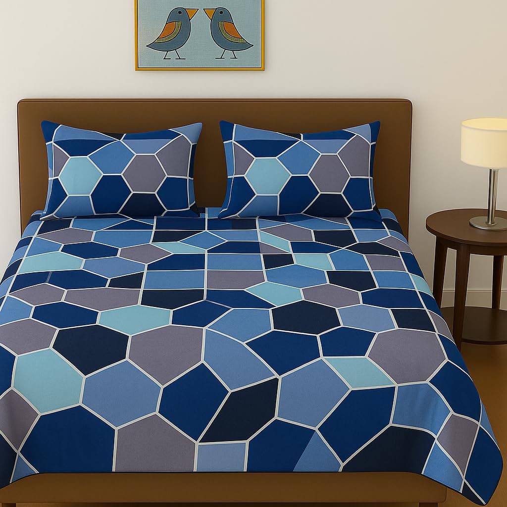 BSB HOME 120 Tc Double Floral Printed Bedsheet with 2 Pillow Covers | 110 GSM Soft Brushed Microfiber - Breathable & Wrinkle Free - (86 X 88 Inch, Blue & Grey & Aqua), 144 Tc