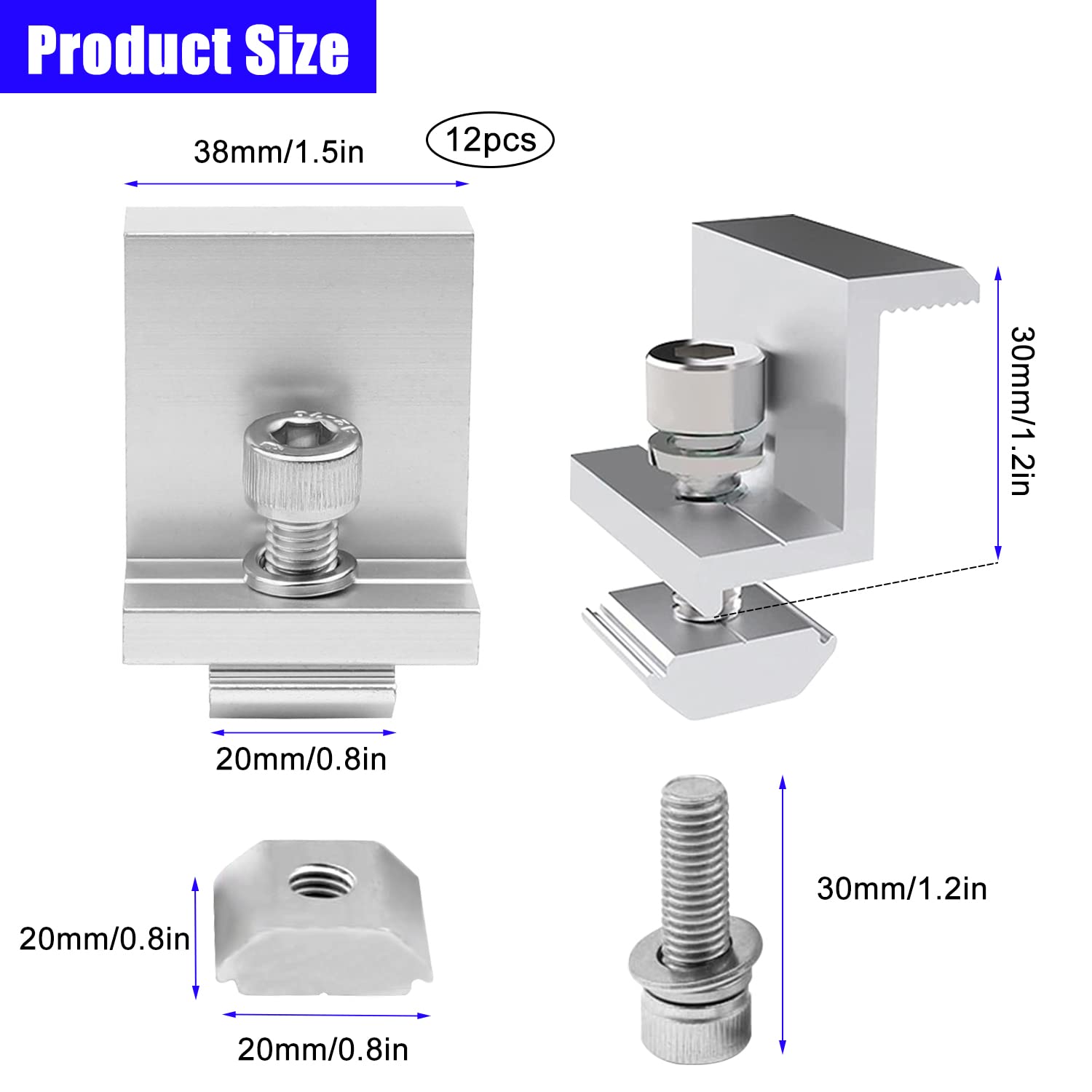 12 Pezzi Staffe Soporte a Z per Pannelli Solari, Staffe in Alluminio per Pannelli Fotovoltaici 30mm, Staffa di Montaggio per Pannello Solare con dadi e viti, per Camper, Barca, Tetto, Auto (30mm)