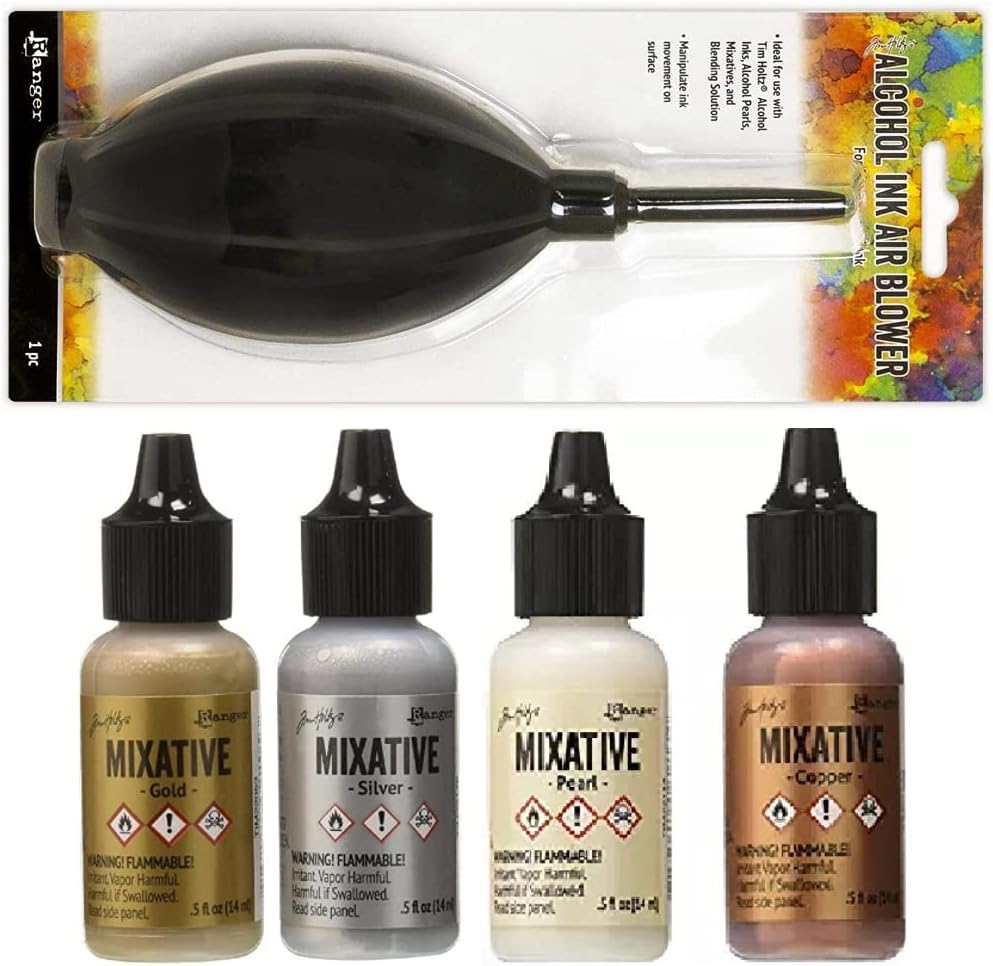 Guohaoi Alcohol Ink Metallic Mixatives, 4 Colors - Pearl, Copper, Silver and Gold Bundled with Ink Blower c