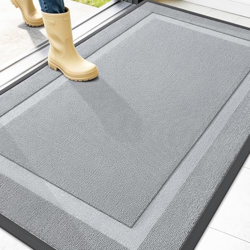 Image of OLANLY Front Door Mat Indoor Outdoor Entrance, Waterproof All-Season, All-Weather Doormat, Sturdy Natural Rubber, Low Profile, Easy Clean Patio Porch Entryway Mat, 47x32, Ash Gray