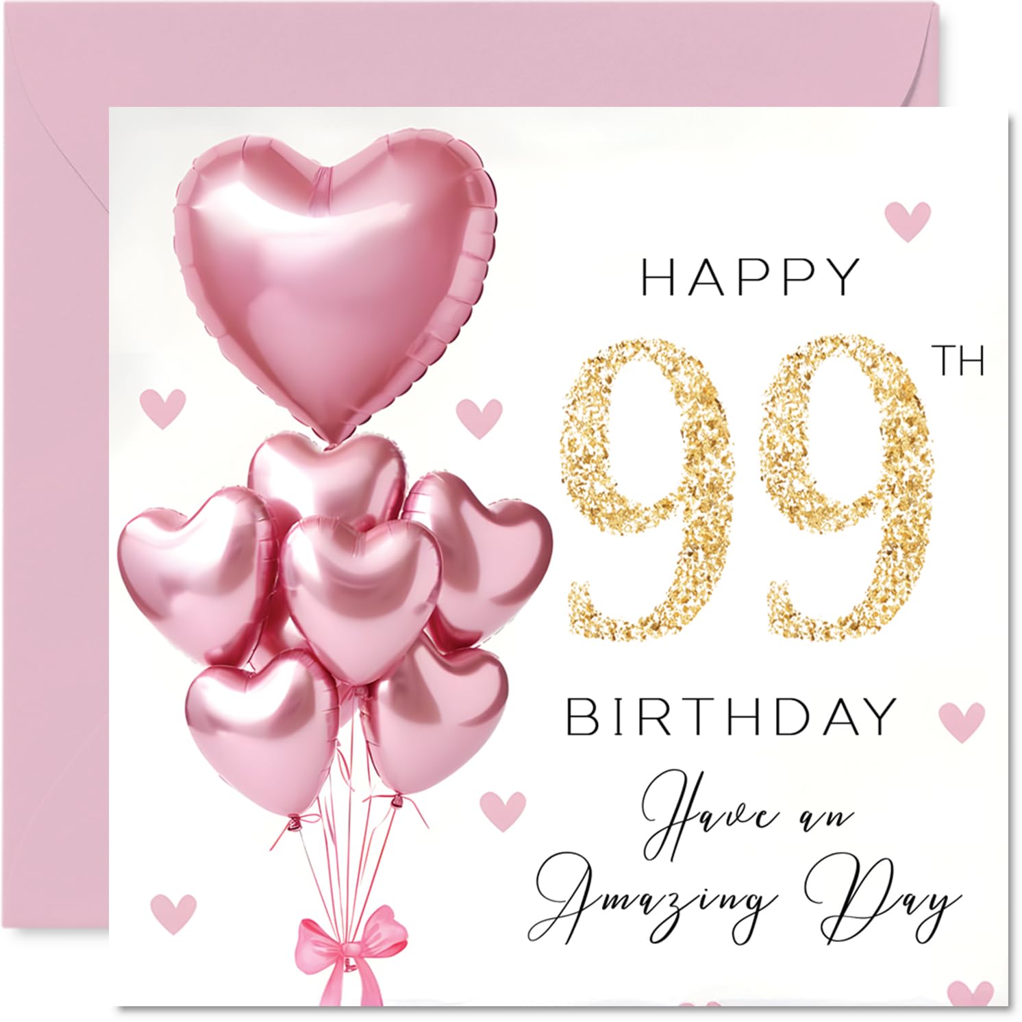 99th Birthday Cards for Women - Pink Glitter Balloons - Happy Birthday Card for 99 Year Old Woman Nana Grandma Auntie Nanny, 145mm Bday Greeting Cards