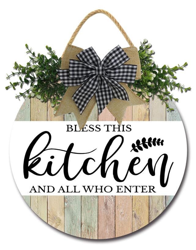 Geroclonup Kitchen Sign Bless This Kitchen Sign Farmhouse Kitchen Wall Decor Kitchen Hanging Sign Rustic Round Wooden Wreath Sign for Dining Room Housewarming Gift 30cm