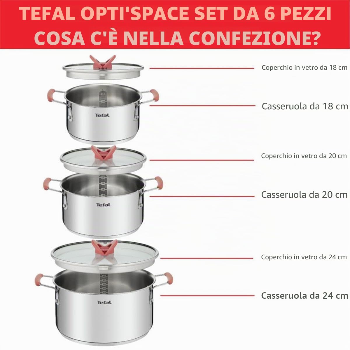 Tefal Optispace - Set di 3 pentole da 18/20/24 cm + 3 coperchi, adatte a induzione, Thermo-Fusion, marcature di misurazione, lavabili in lavastoviglie e forno, acciaio inox