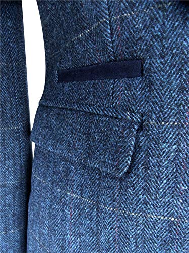 Women Navy Blue Blazer Tweed Check 1920'S Tailored Fit Vintage - Blue 10 #TOP5