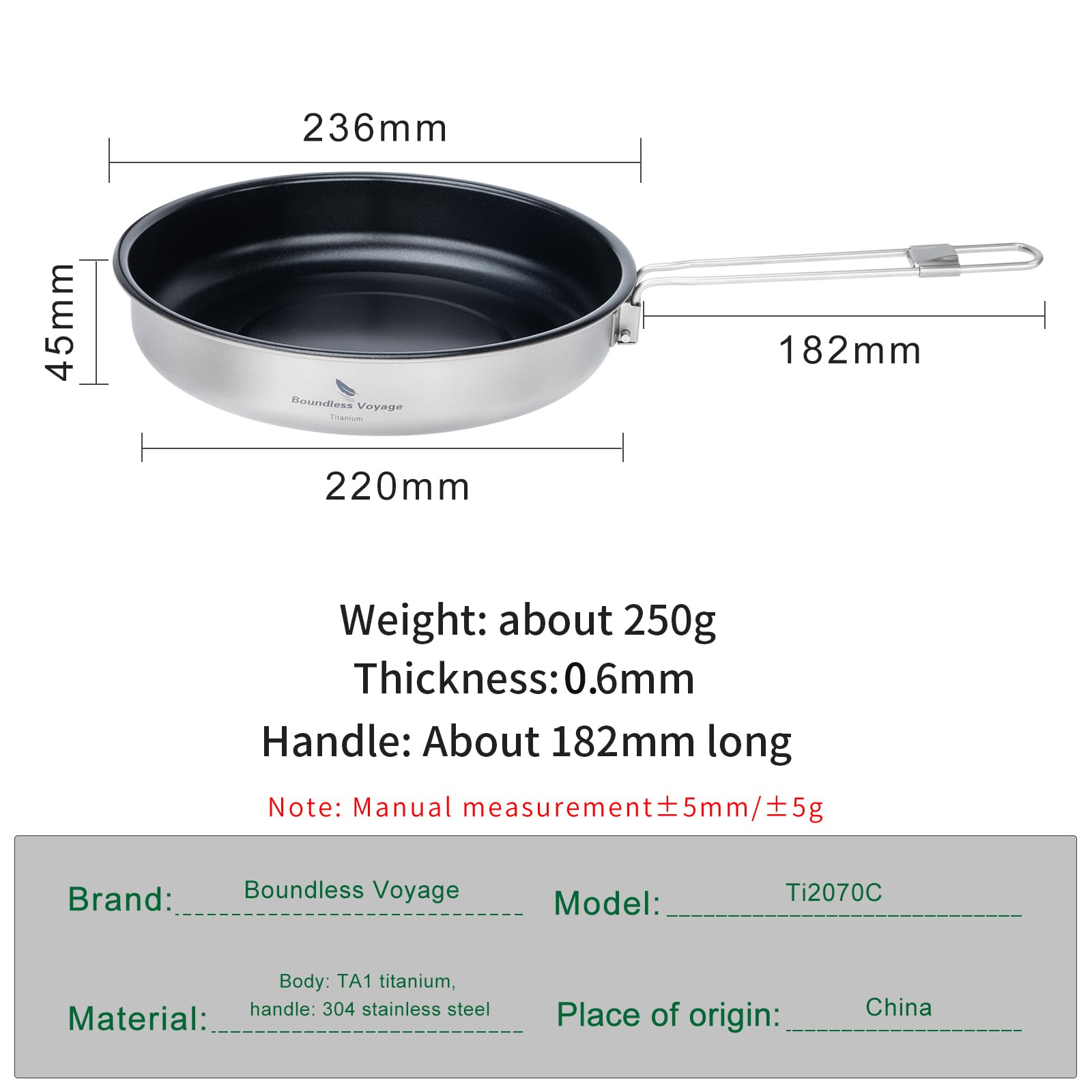 Boundless Voyage Camping Pfanne für Gaskocher Titan Bratpfanne 22.8cm/1.5L Ultraleichtes Camp Kochgeschirr Grillpfanne zum Kochen Ei Steak, Ti2070C