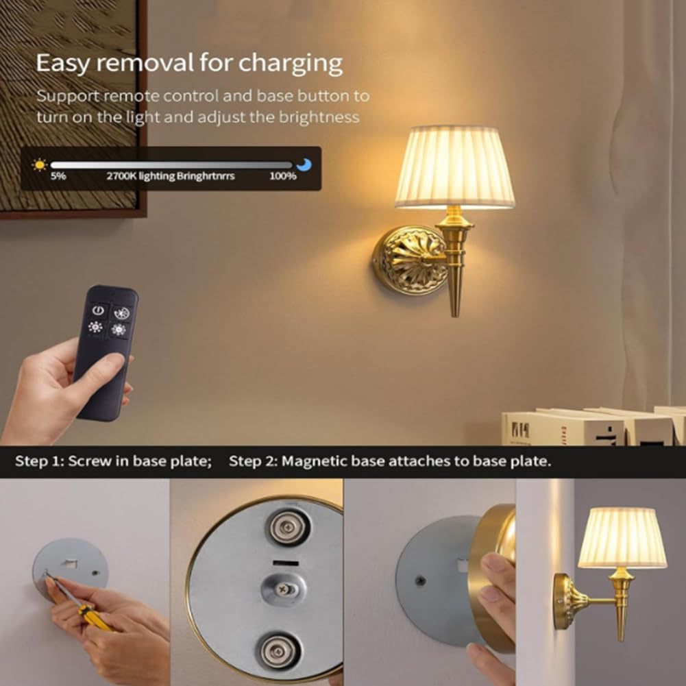 Akku Wandleuchte Kabellose Dimmbare Wandlampe mit Fernbedienung und Touch Schalter Wandbeleuchtung 5200mAh Wiederaufladbare Batterie Bettlampe E27 2 Stück für Schlafzimmer Wohnzimmer Flur