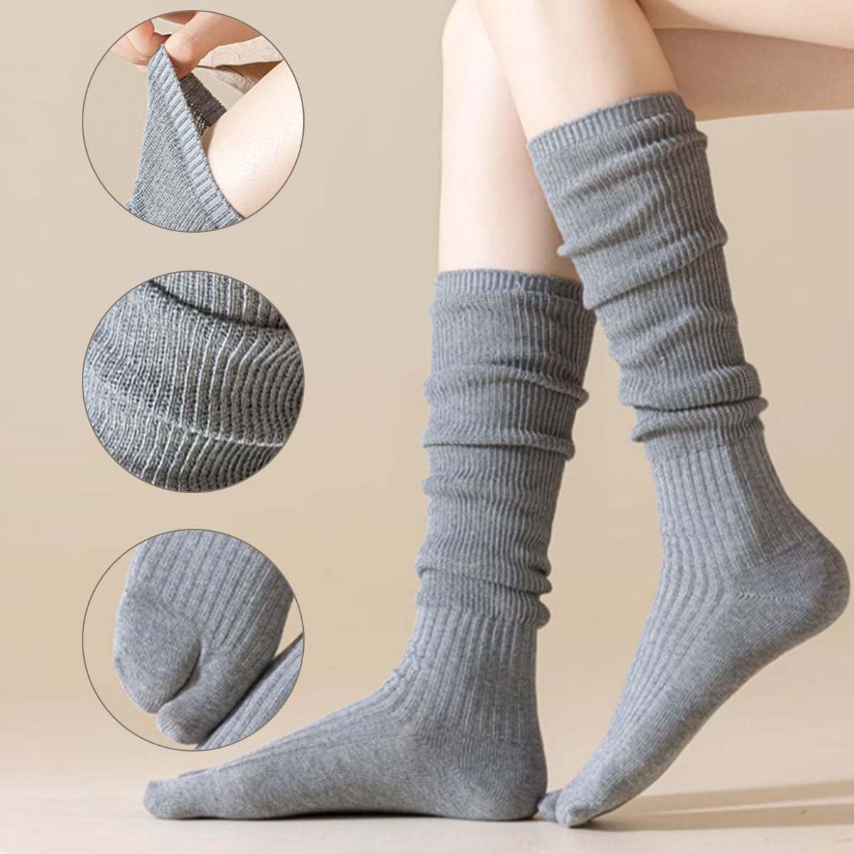Atmungsaktive dünne Socken, 4 Paar, Damen, Knielang, Zwei Zehen, Baumwoll-Sneaker mit Zehen für Sport, Laufen, Freizeit, lang, hoch, Boot, Tabi, Knie
